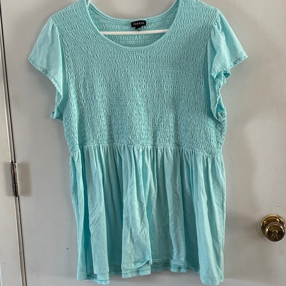 Torrid Size 3 powder blue smocked bodice short sleeve knit top